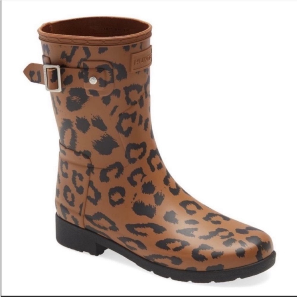 Hunter Original Leopard Print Waterproof Rain Boots Brown Black Size 7 NWT
